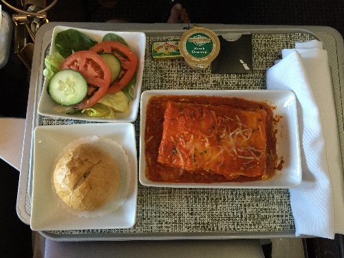 The main meal - baked pasta in tomato sauce with a salad