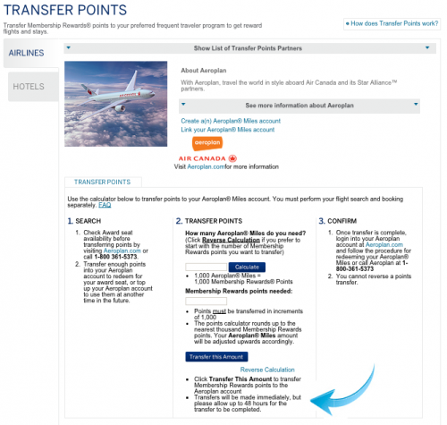 The blue arrow shows you where to find the transfer-time fine print.