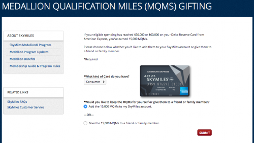 Shot of the page where you select the fate of your AmEx MQM bonuses.