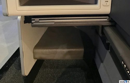 The smaller aisle-side foot well in the new United Polaris business class seat