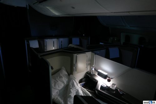 The British Airways 787-9 first class cabin at night