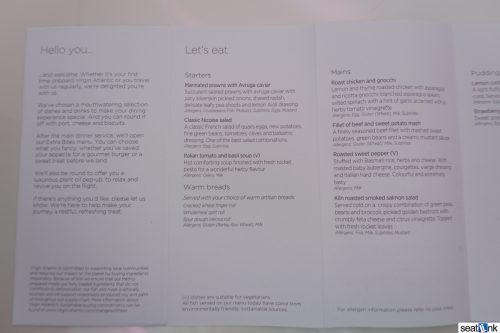 Virgin Atlantic Upper Class menu