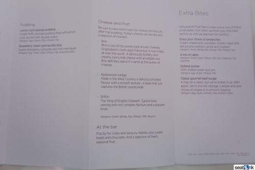 Virgin Atlantic Upper Class dessert and snacks menu