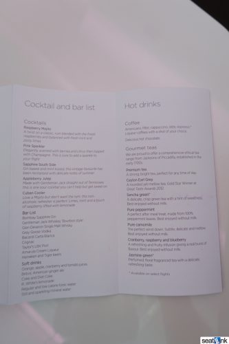 Virgin Atlantic Upper Class cocktail menu