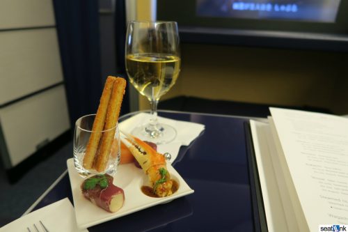 Champagne and hors d’oeuvres in ANA first class