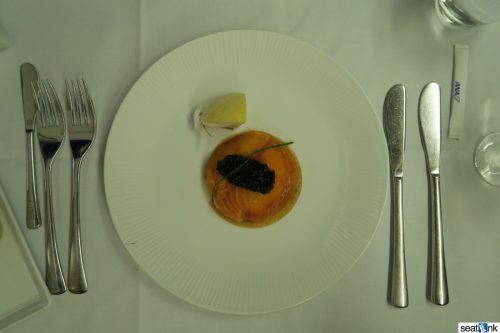 ANA first class meal caviar and smoked salmon